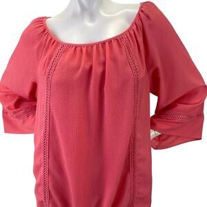 AGB Womens 2pc Top Textured Coral Overlay 3/4 Bell Sleeve and Crochet Inserts L